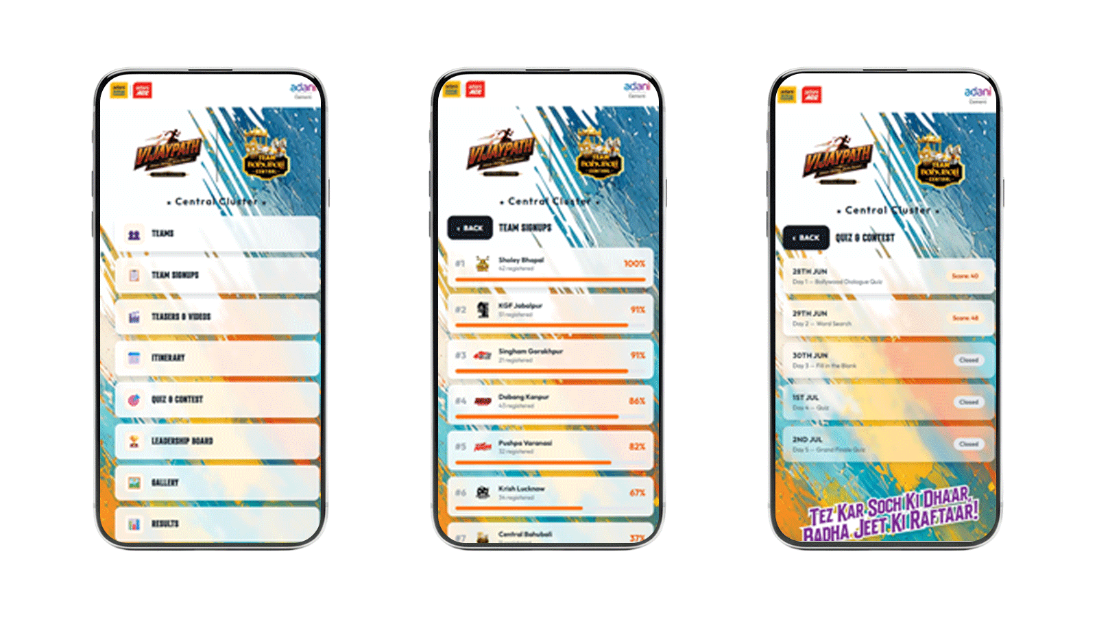 Three phones showing the Vijaypath competition web app