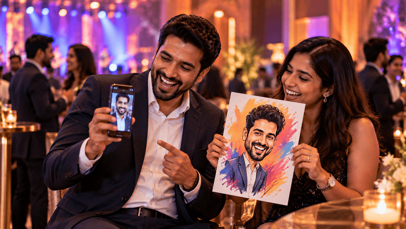 Guest holding up his phone photo next to a printed AI caricature of himself