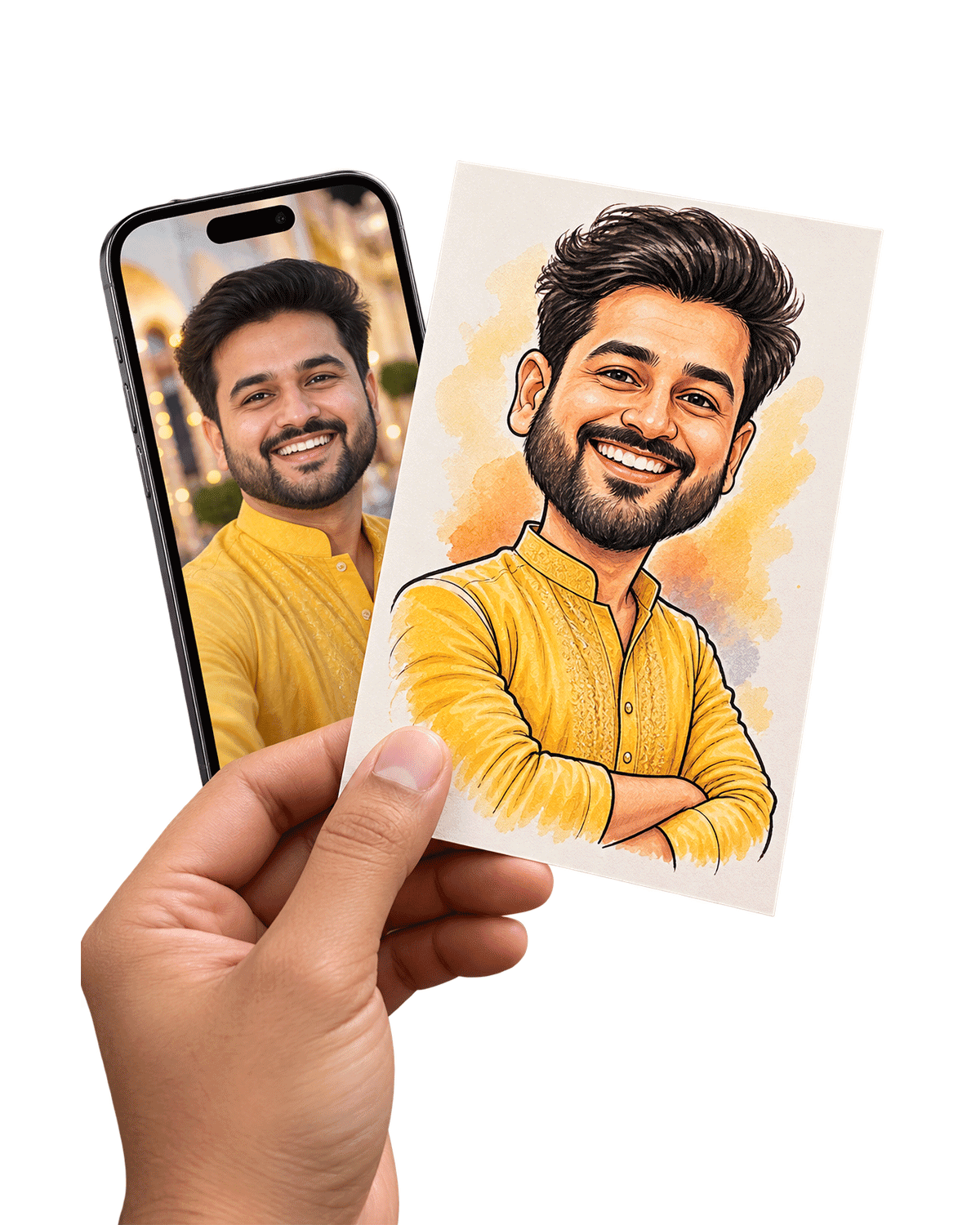 A guest's photo on a phone next to a printed AI caricature of him