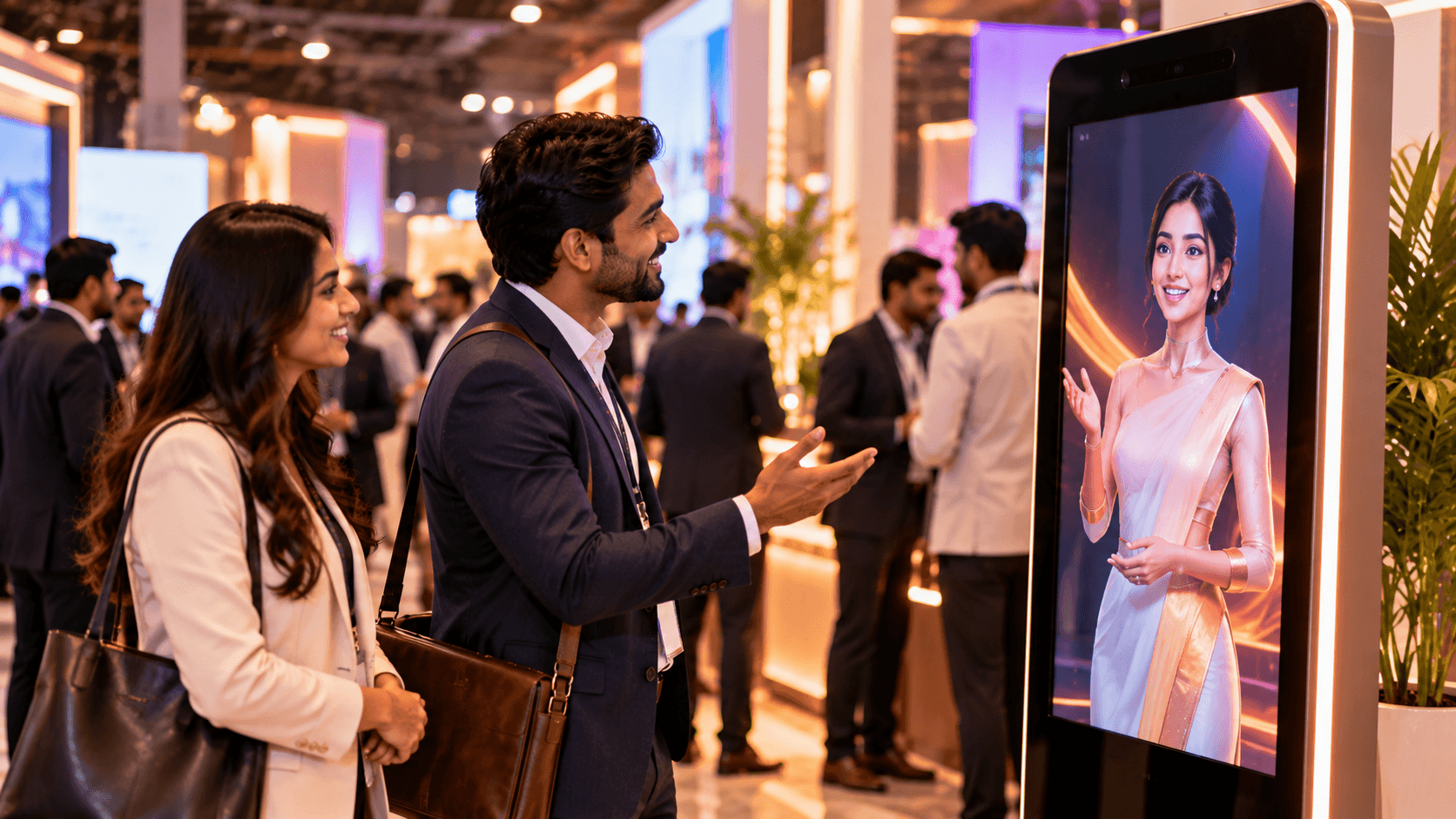 Two guests talking to the AI event assistant on a tall kiosk screen