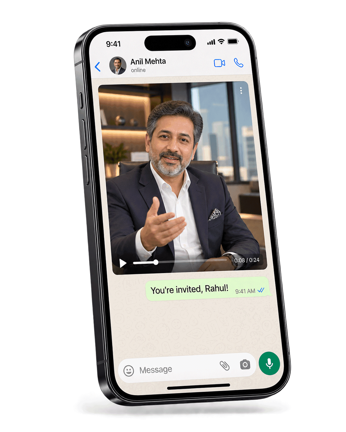Phone showing a personalised video invite from the host