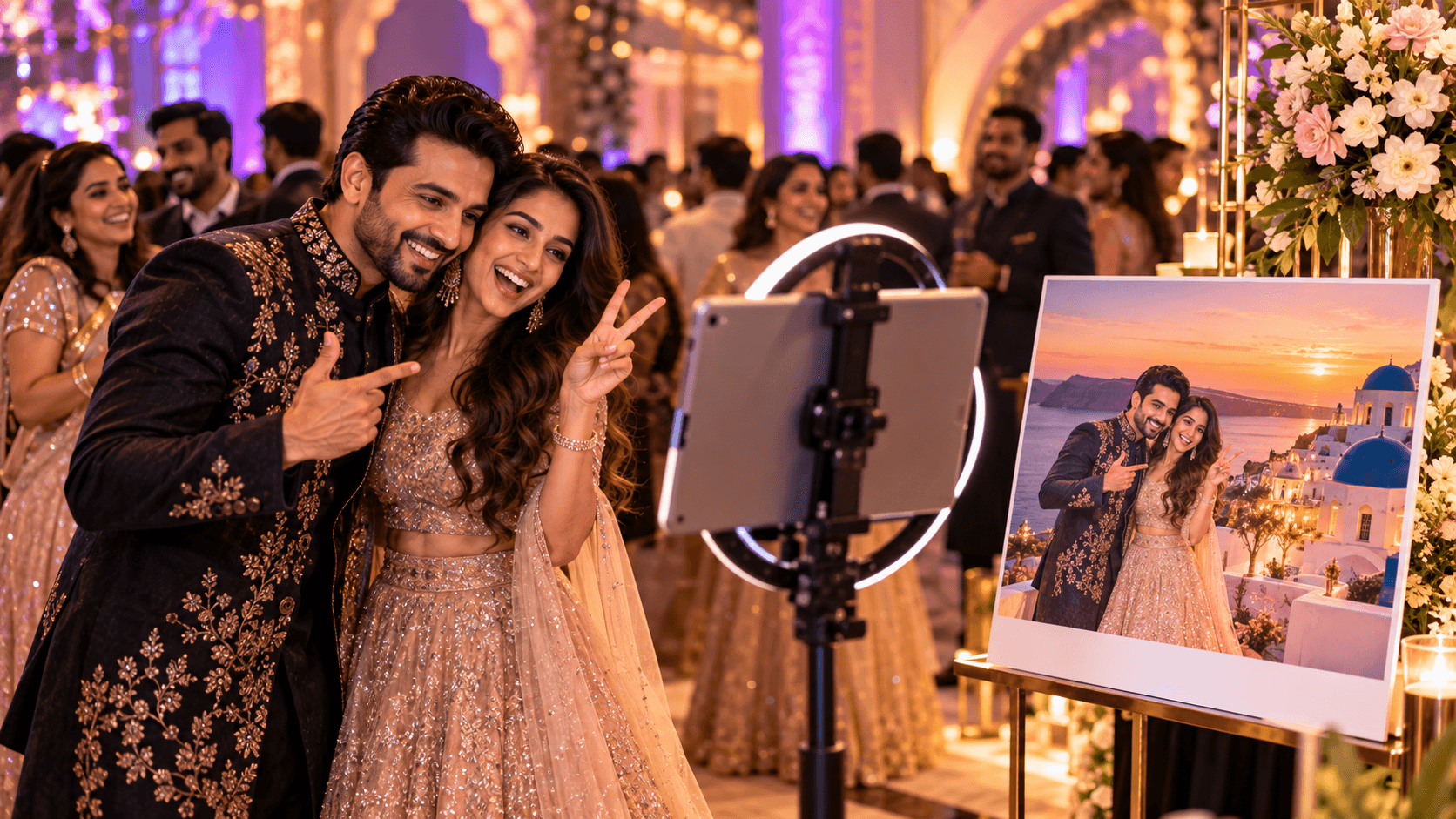 Couple at a ring-light photobooth with their AI-themed print beside them