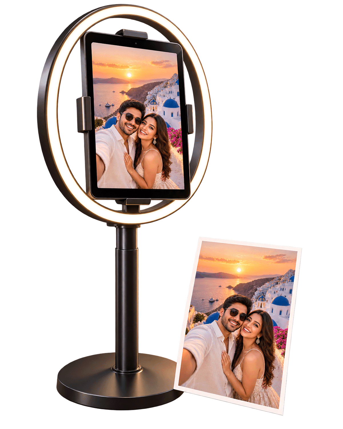 Ring-light photobooth with a printed AI-themed photo of a couple