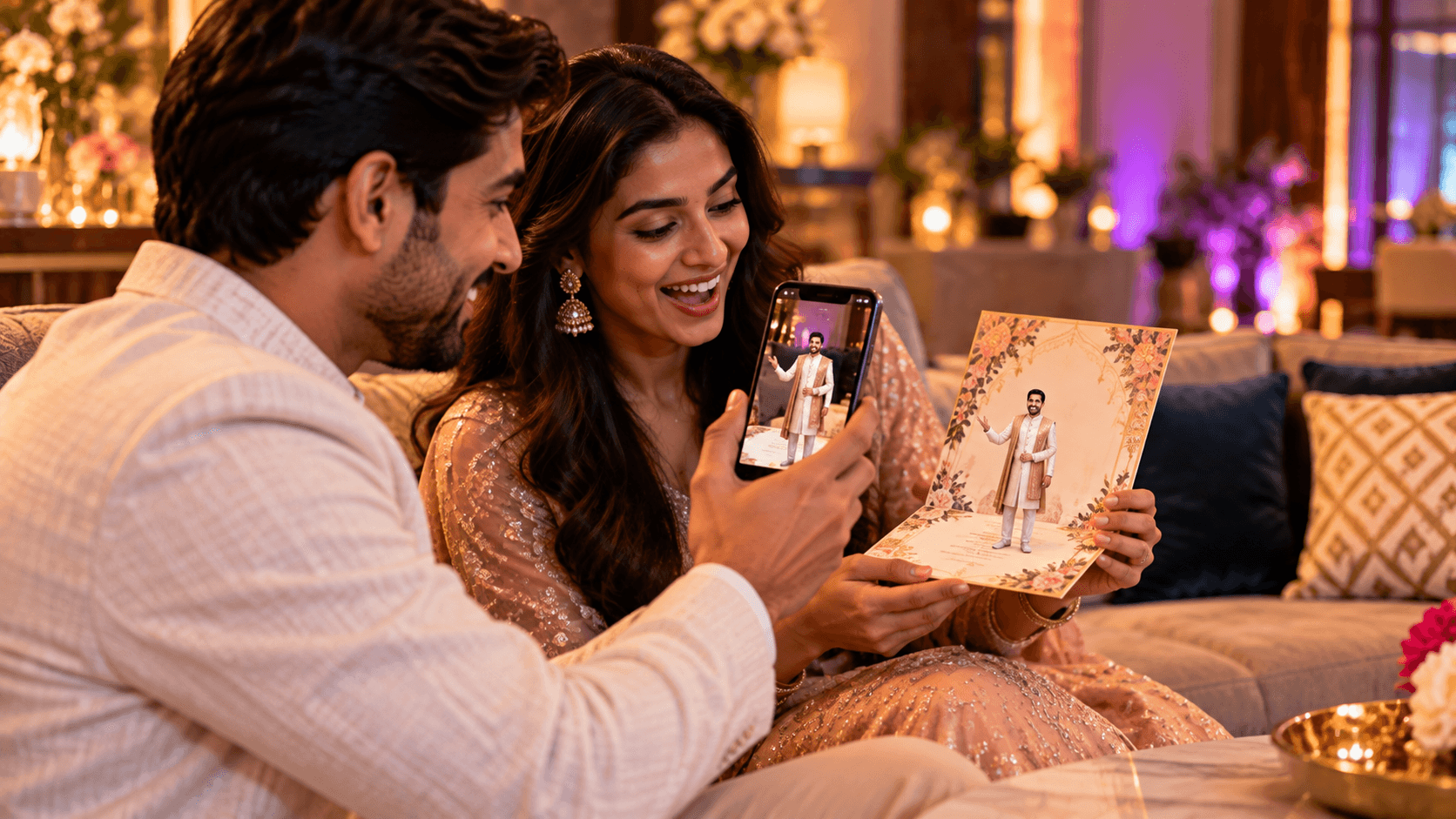 Couple watching the host appear in AR above their printed invitation