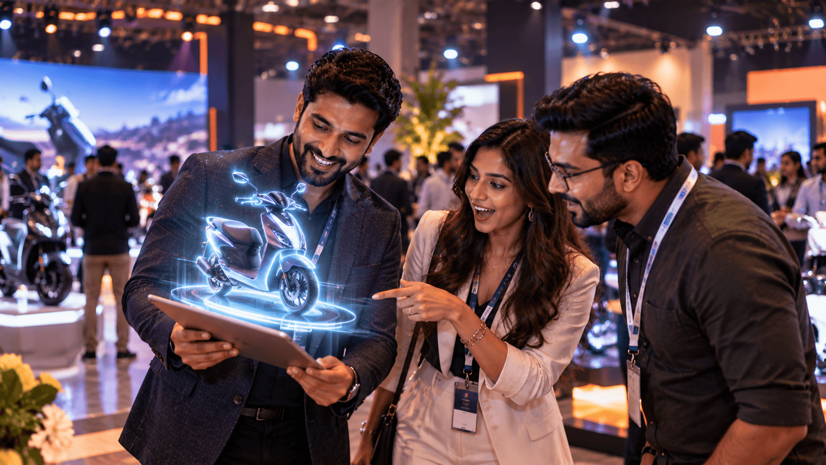 Guests watching a scooter appear in AR on a tablet at an expo