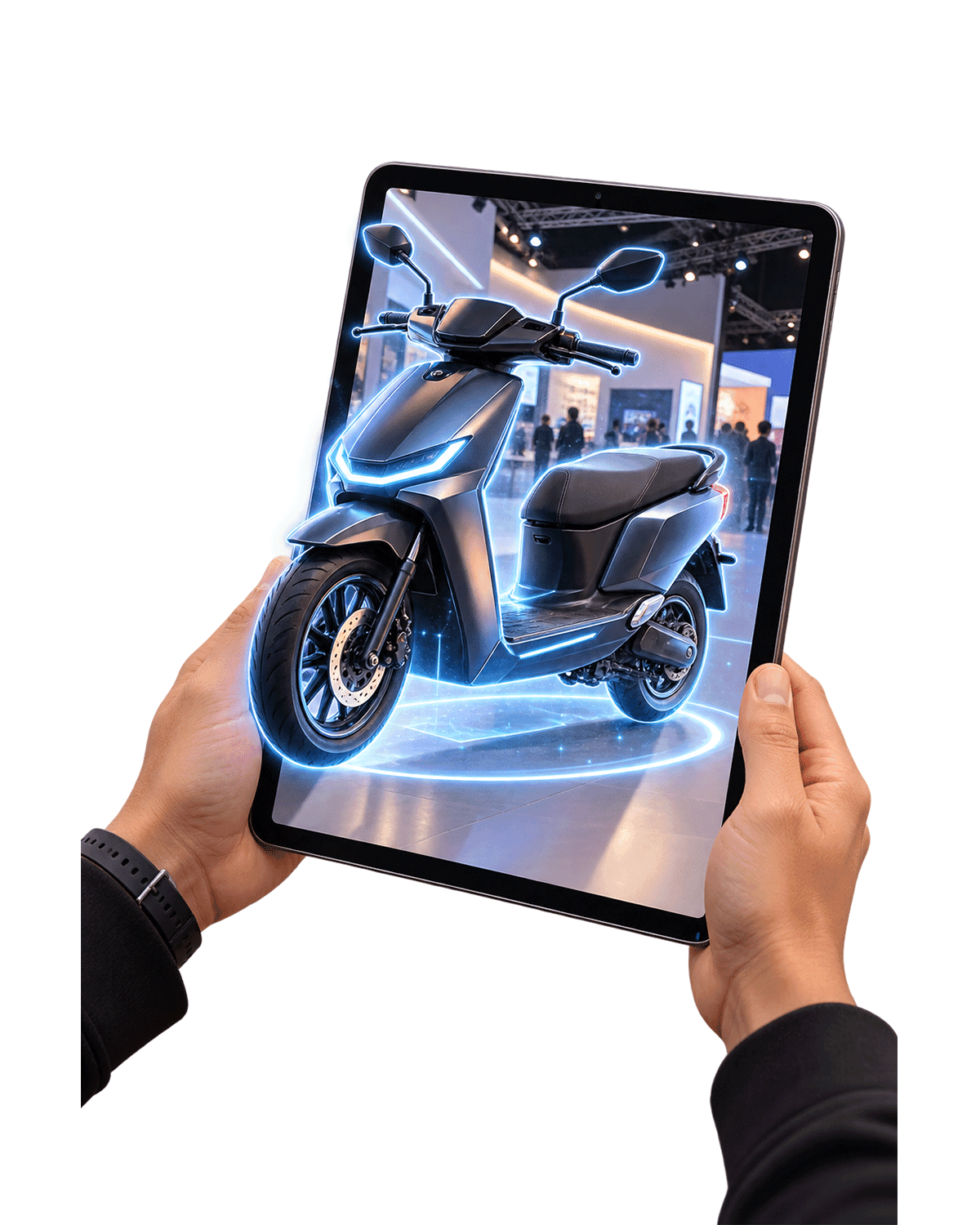 Tablet held up to show a scooter appearing in AR