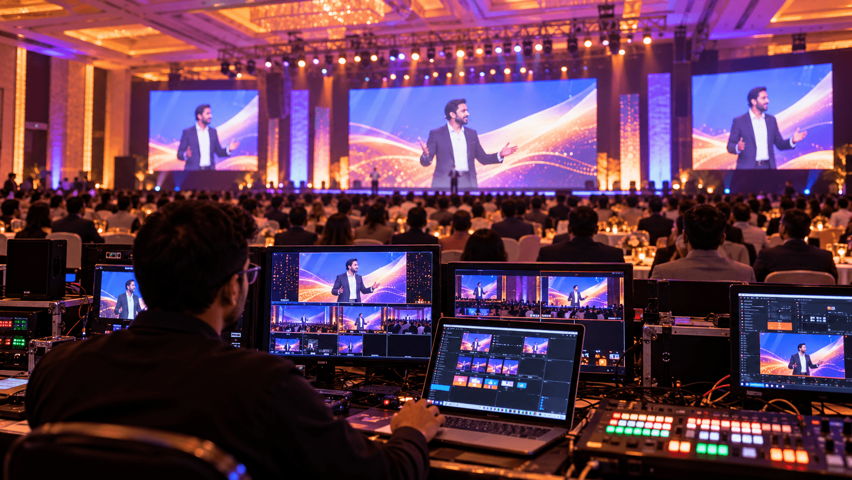 Operator desk running content on every LED screen in a conference hall