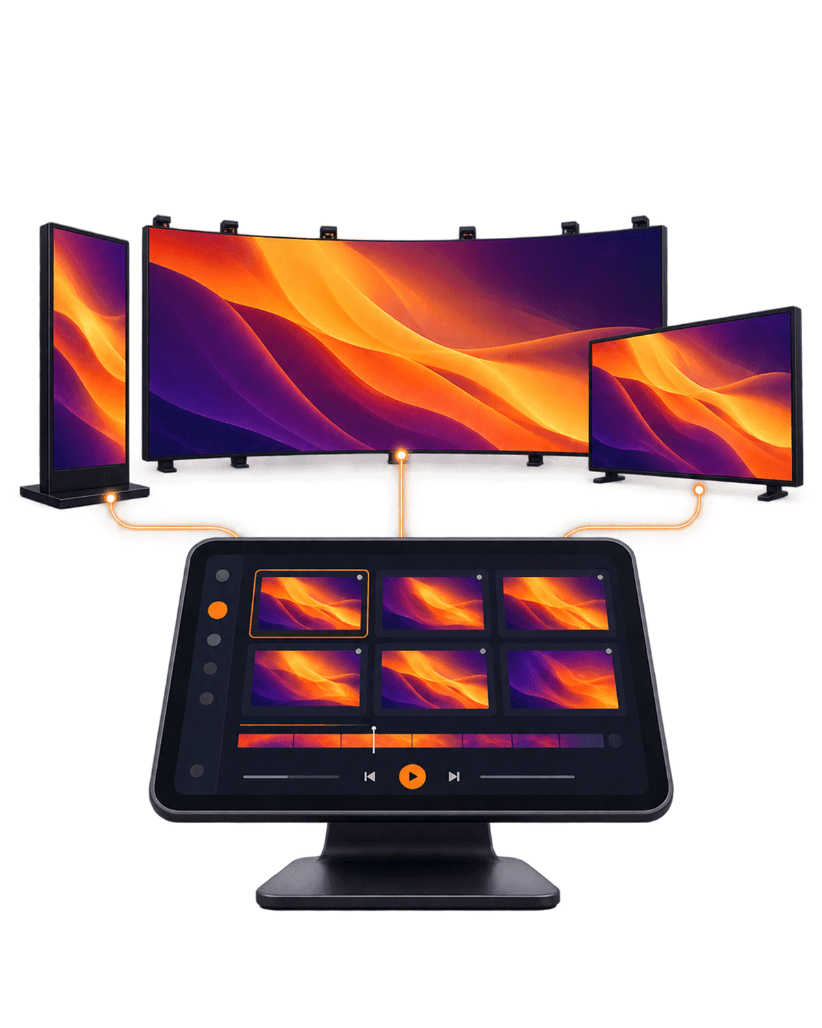 Control screen running content across a curved LED setup and side screens