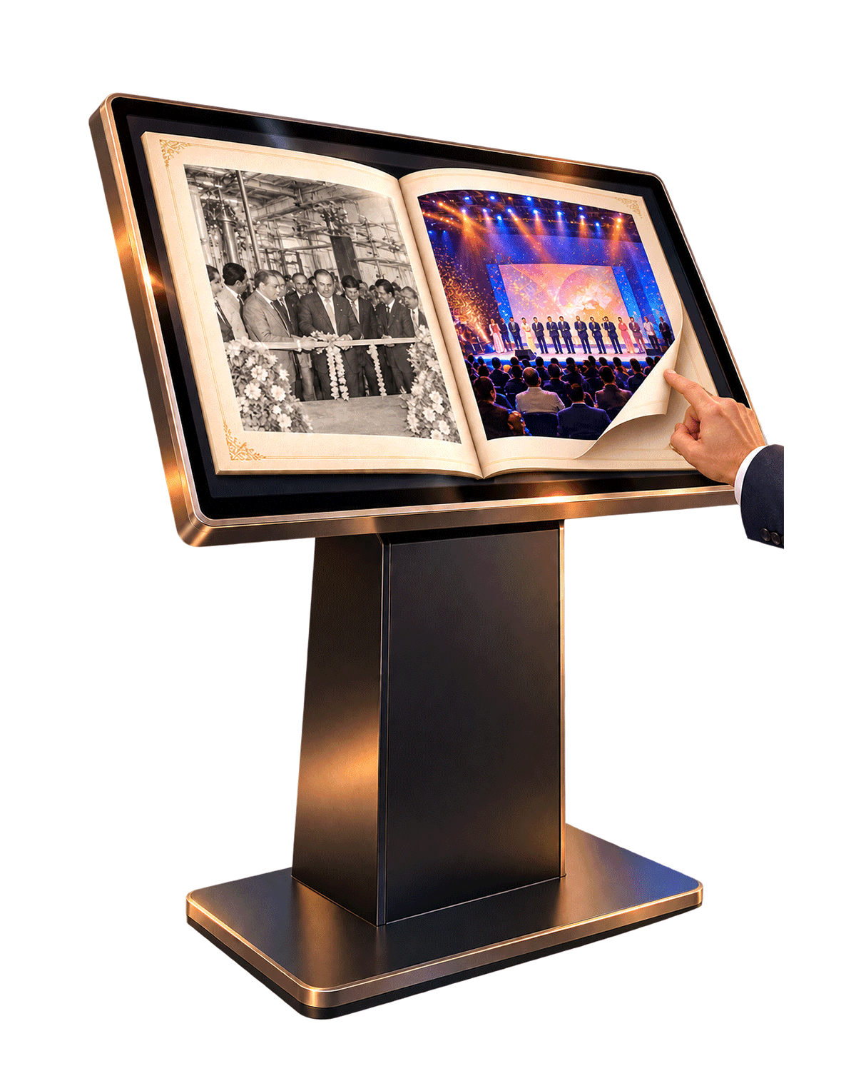 Book-shaped touchscreen on a stand showing a photo story
