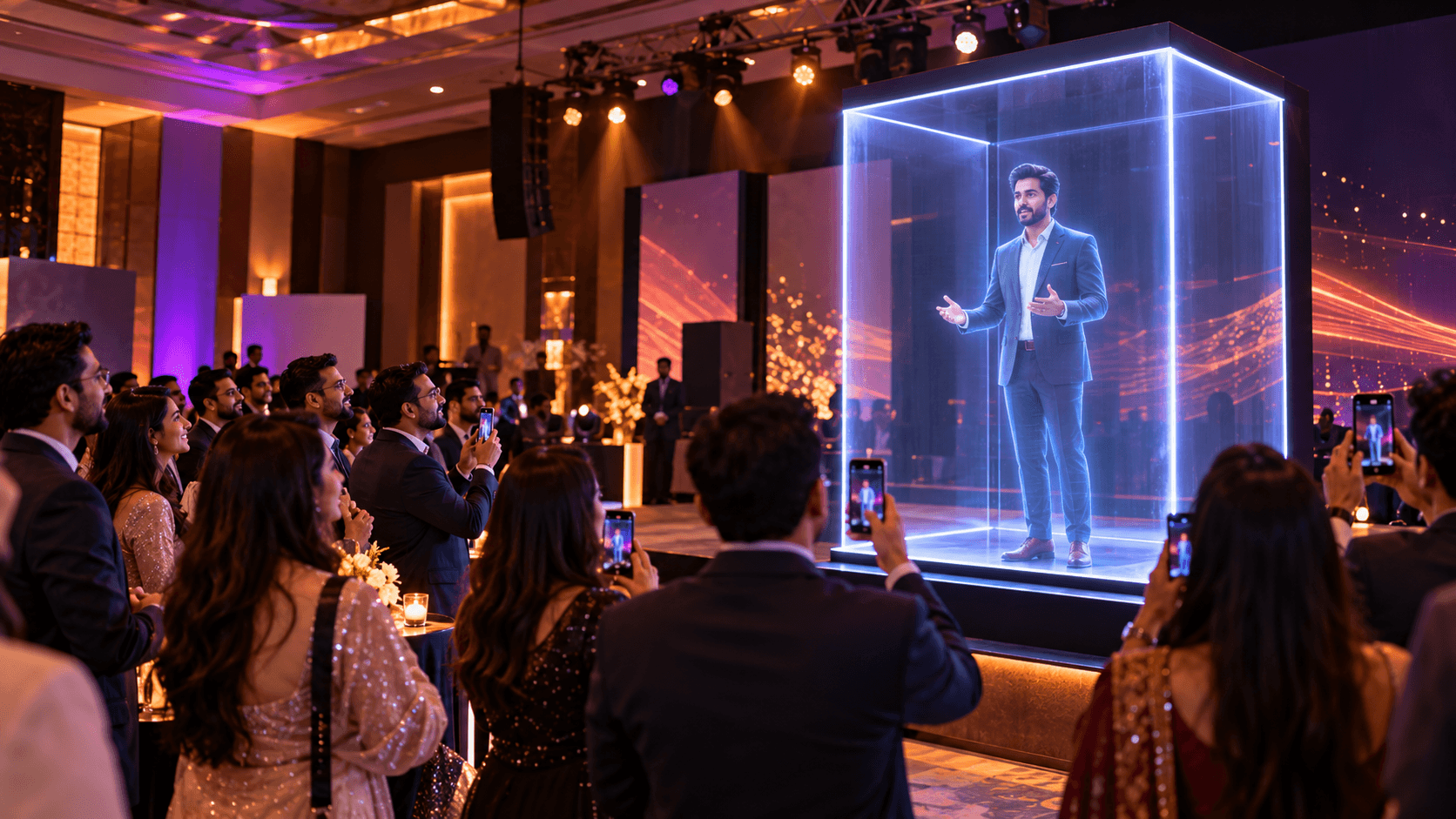 Life-size hologram of a presenter inside a Holobox at an event