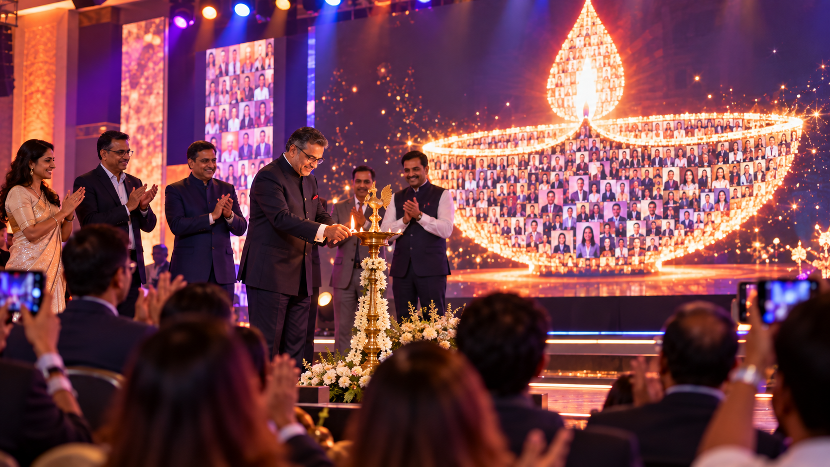 Guests lighting a diya as a selfie mosaic of a lamp glows on screen