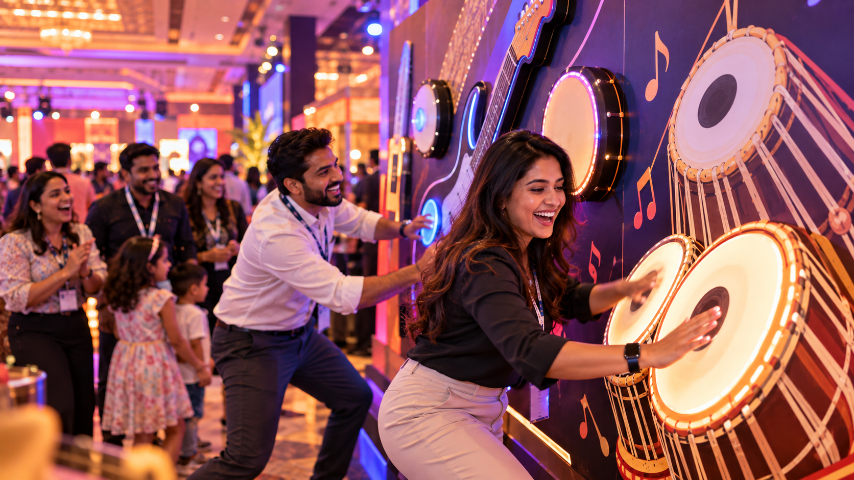 Guests drumming on the illustrated Music Wall