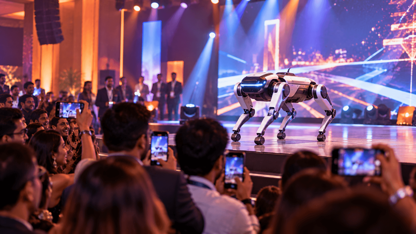 RoboDog walking on stage while the audience films it