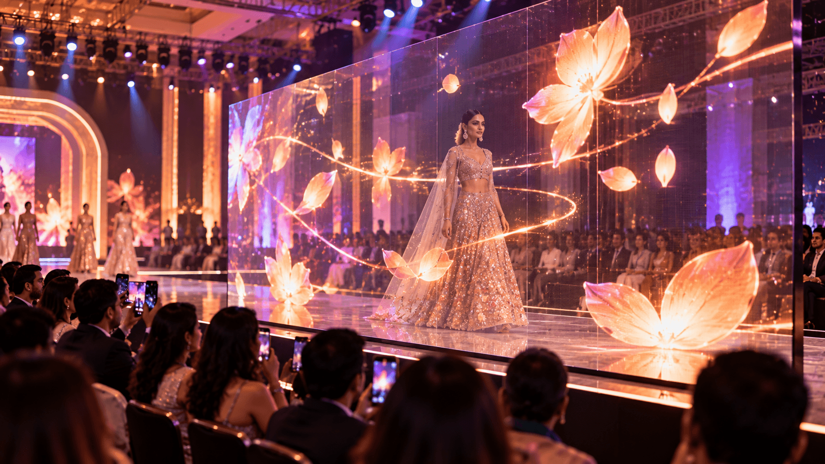 Performer on stage behind a transparent LED wall showing glowing petals