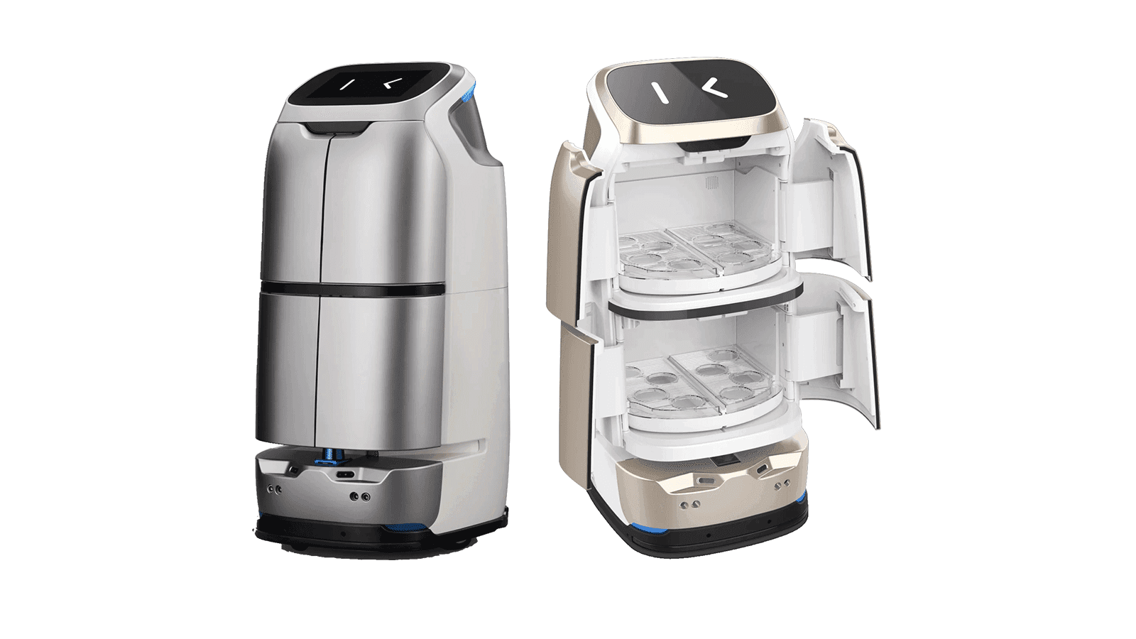 Closed-cabin serving robots, one with its cabin open