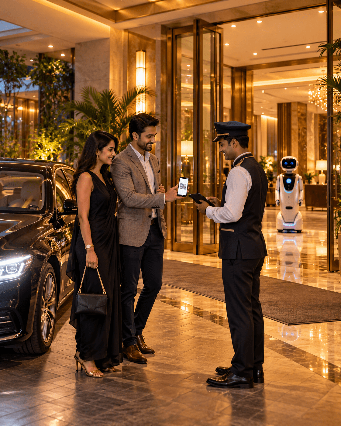 Valet handing a guest couple their car at a hotel entrance